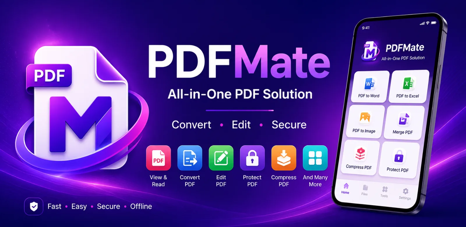 PDFMate promotional graphic with the app icon, the tagline “All-in-One PDF Solution” and a phone showing PDF tool tiles.
