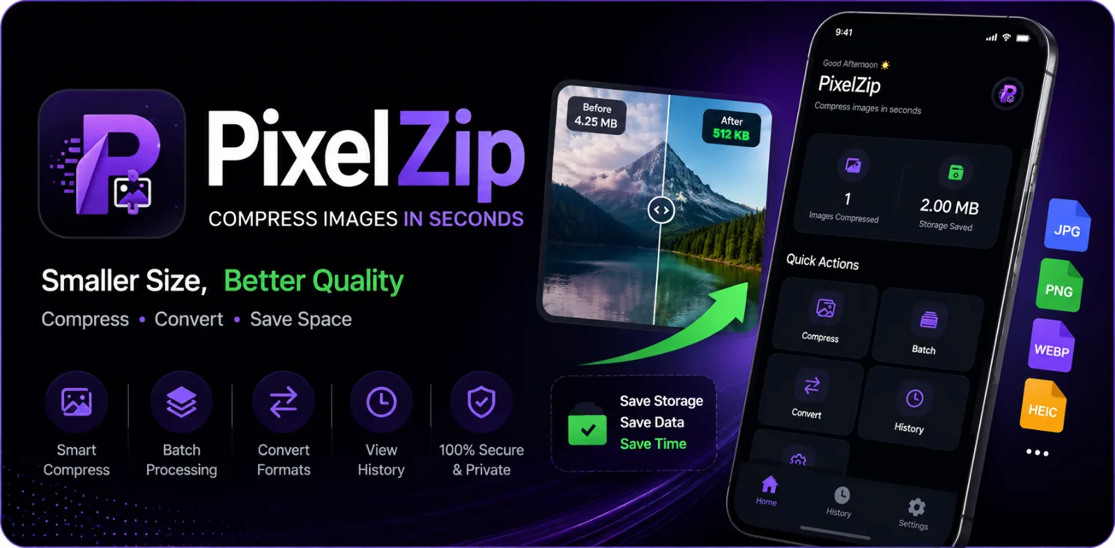 PixelZip promotional graphic showing the image compressor app interface on a phone.
