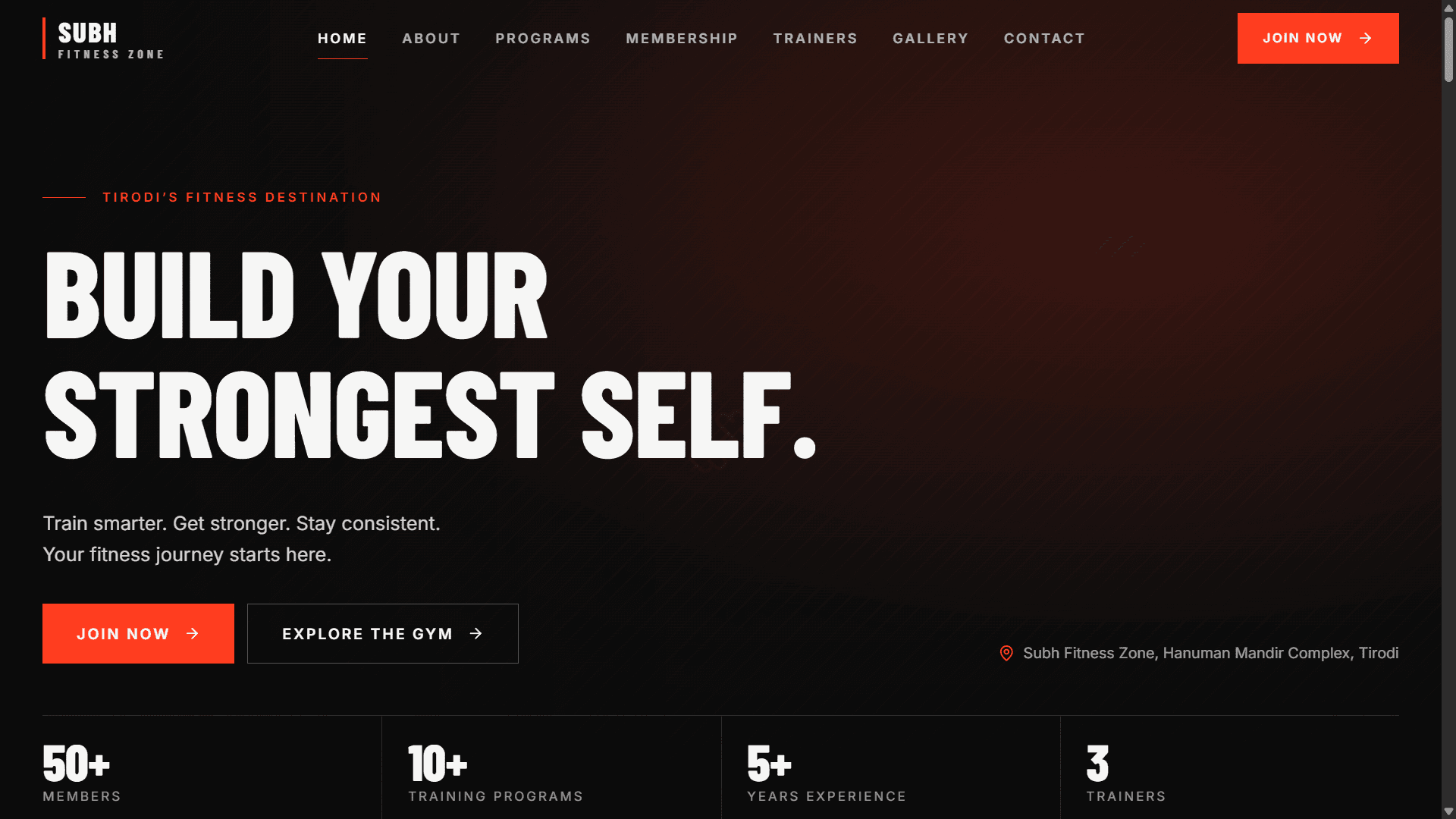 Subh Fitness Zone homepage: a dark hero with the headline “Build your strongest self.” and an orange “Join now” button.